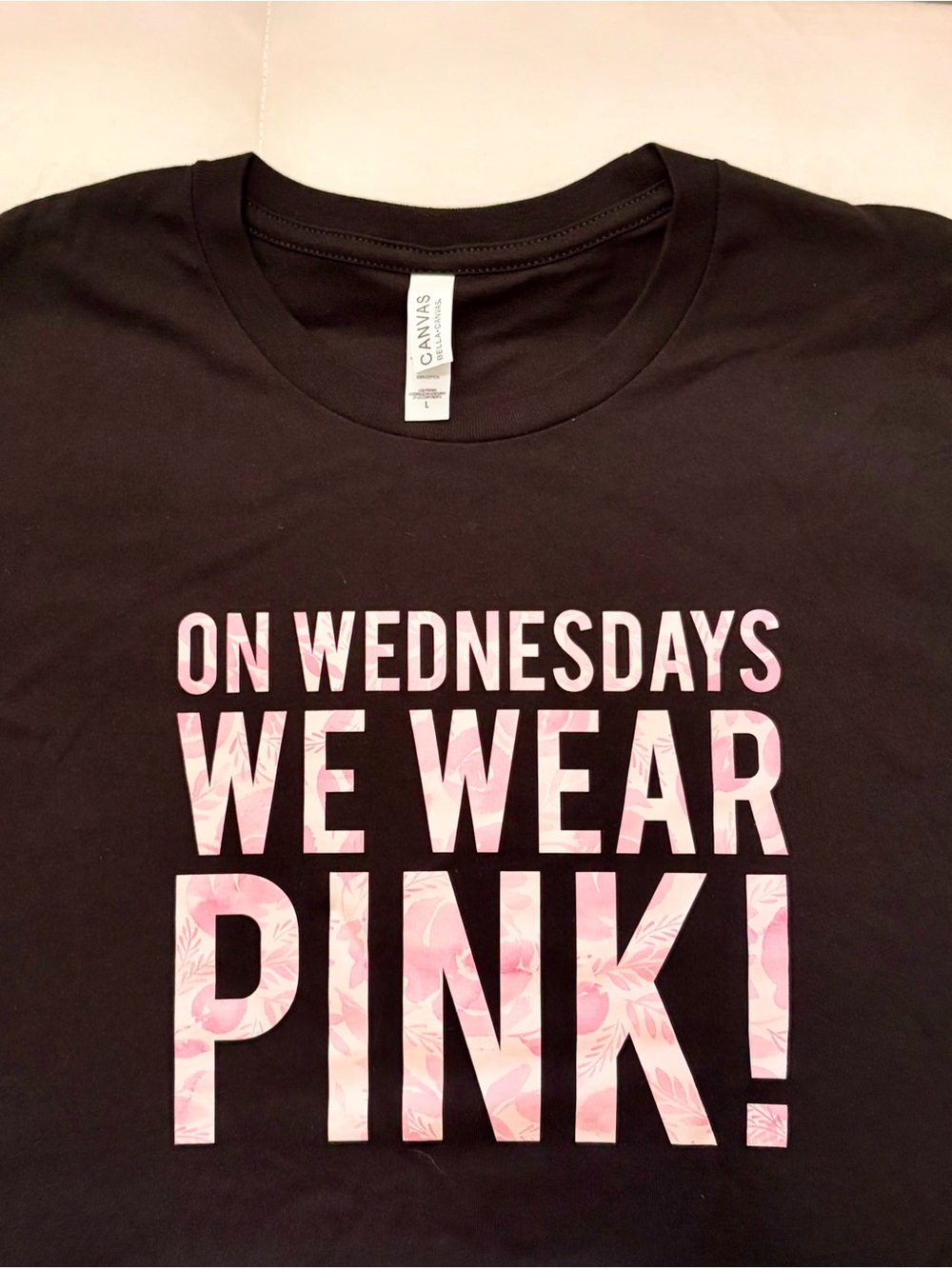 Bella Canvas Black Women’s Graphic Tee with Pink Floral Lettering